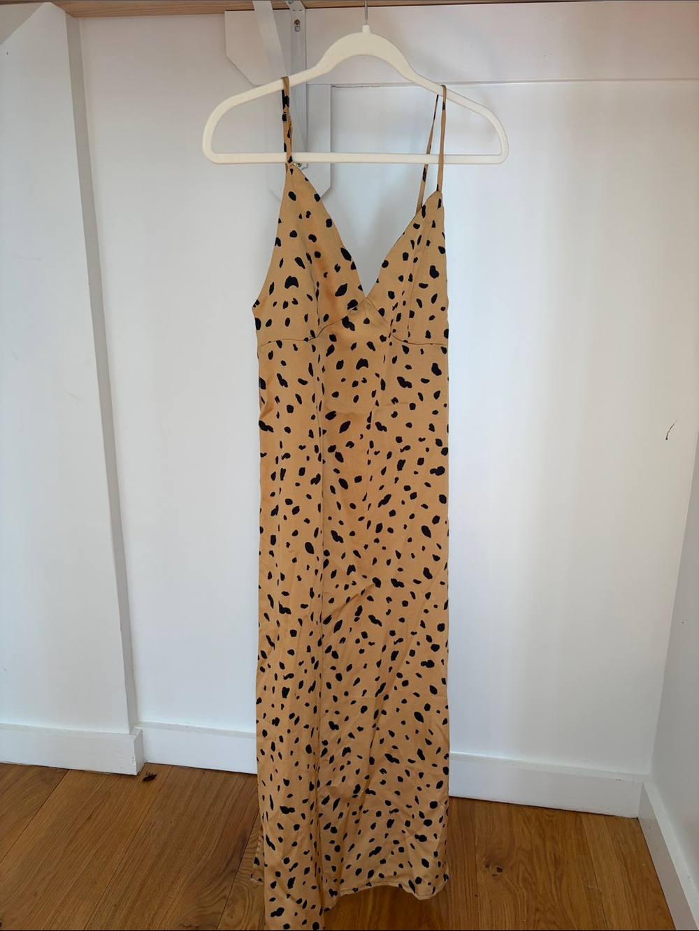 Spotted Slip Midi Dress in Tan - Lightweight V-Neck